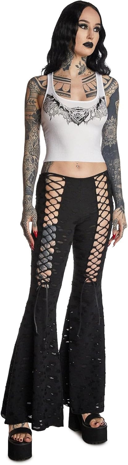 image:imageDolls Kill Beyond The Woods Flare Pants by Widow Gothic Flare Pants with LaceUp Sides Shredded Details and Wide LegBlack