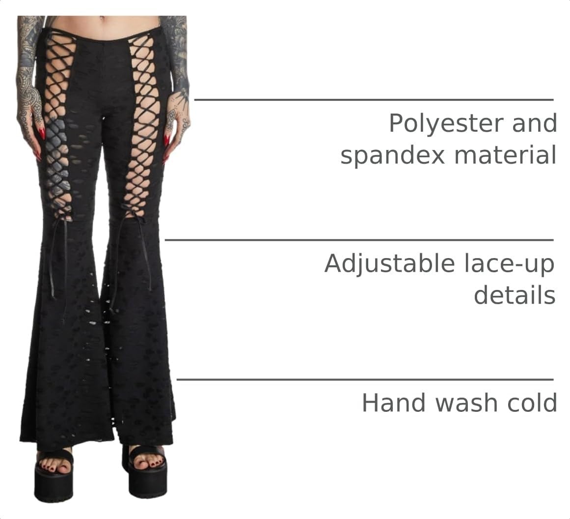 image:imageDolls Kill Beyond The Woods Flare Pants by Widow Gothic Flare Pants with LaceUp Sides Shredded Details and Wide LegBlack
