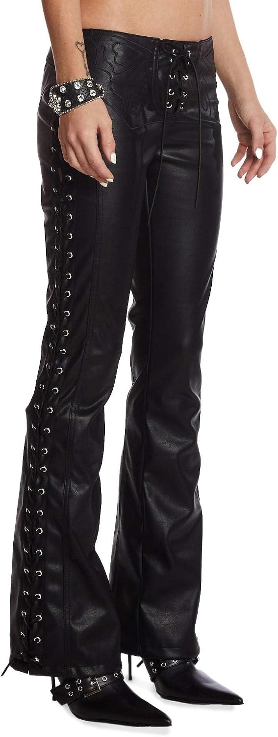 image:imageDolls Kill Frida Butterfly Pants by Generation Kiss Vegan Leather LaceUp Flare Pants with Stitched Butterfly DesignBlack