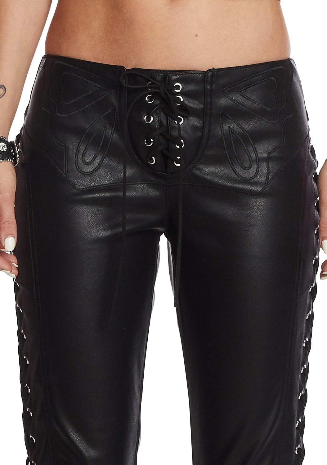 image:imageDolls Kill Frida Butterfly Pants by Generation Kiss Vegan Leather LaceUp Flare Pants with Stitched Butterfly DesignBlack