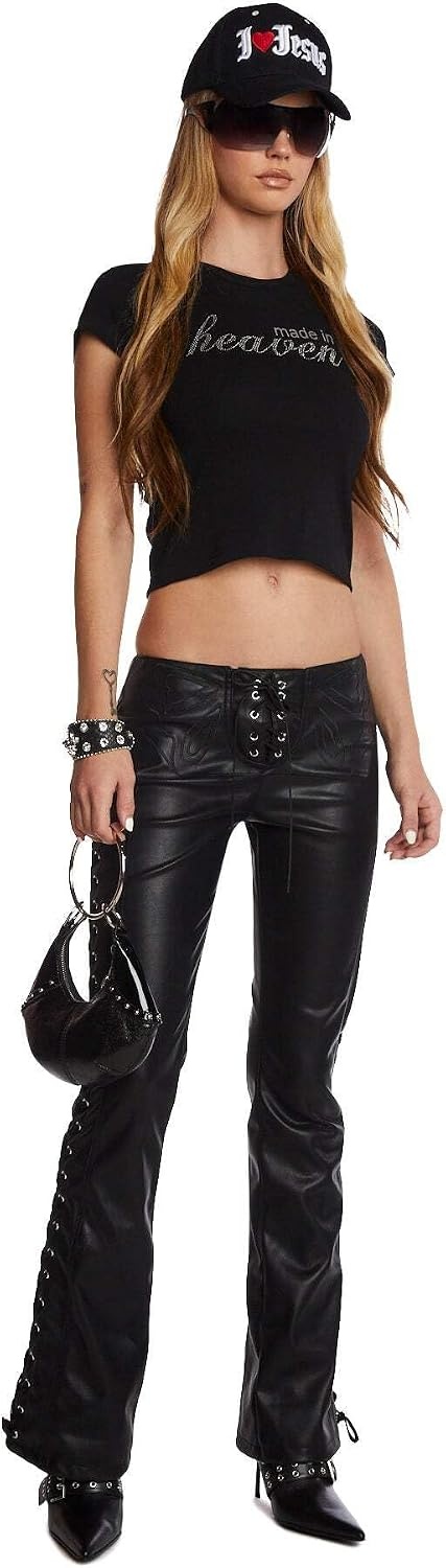 image:imageDolls Kill Frida Butterfly Pants by Generation Kiss Vegan Leather LaceUp Flare Pants with Stitched Butterfly DesignBlack