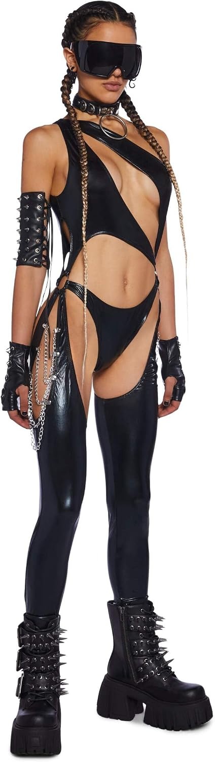 image:imageDolls Kill Prism Moonwalk CutOut Catsuit by Club Exx Holographic Metallic Catsuit with Draped Chains amp Cheeky FitBlack