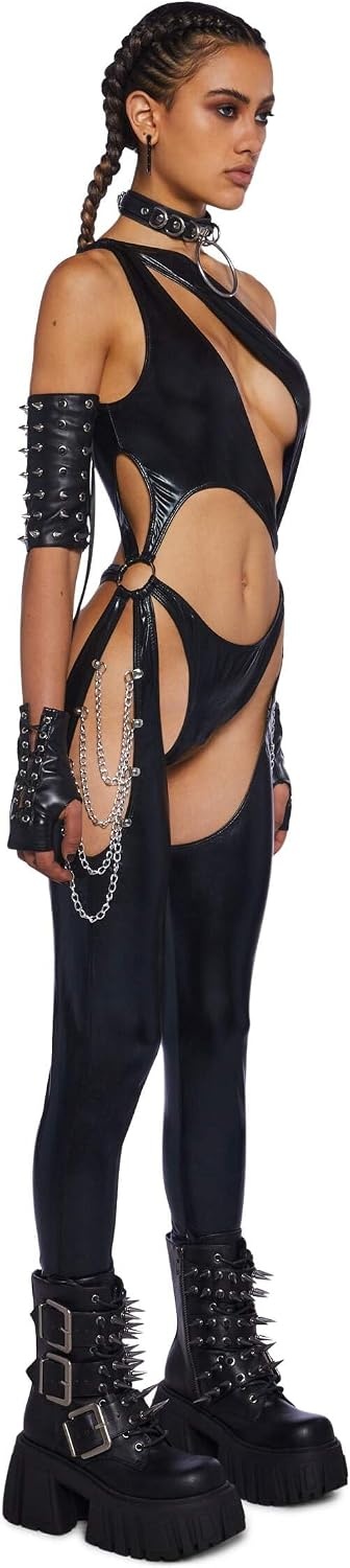 image:imageDolls Kill Prism Moonwalk CutOut Catsuit by Club Exx Holographic Metallic Catsuit with Draped Chains amp Cheeky FitBlack