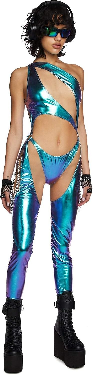 image:imageDolls Kill Prism Moonwalk CutOut Catsuit by Club Exx Holographic Metallic Catsuit with Draped Chains amp Cheeky FitBlue