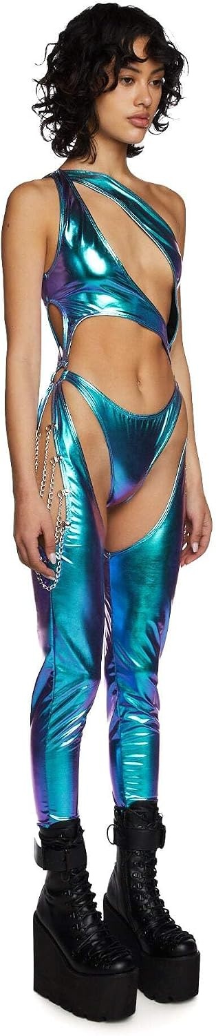 image:imageDolls Kill Prism Moonwalk CutOut Catsuit by Club Exx Holographic Metallic Catsuit with Draped Chains amp Cheeky FitBlue