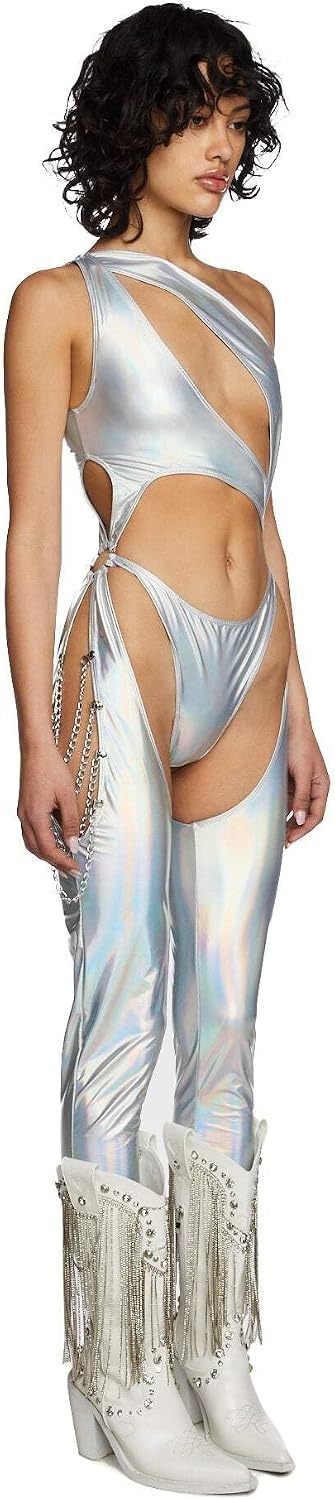 image:imageDolls Kill Prism Moonwalk CutOut Catsuit by Club Exx Holographic Metallic Catsuit with Draped Chains amp Cheeky FitSilver