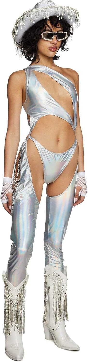 image:imageDolls Kill Prism Moonwalk CutOut Catsuit by Club Exx Holographic Metallic Catsuit with Draped Chains amp Cheeky FitSilver
