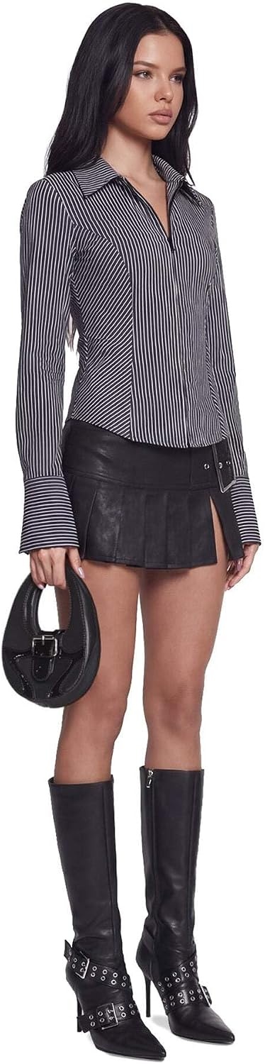 image:imageDolls Kill Viral Takeover Mini Skirt by Poster GRL Vegan Leather Pleated Skirt with Adjustable Buckle BeltBlack