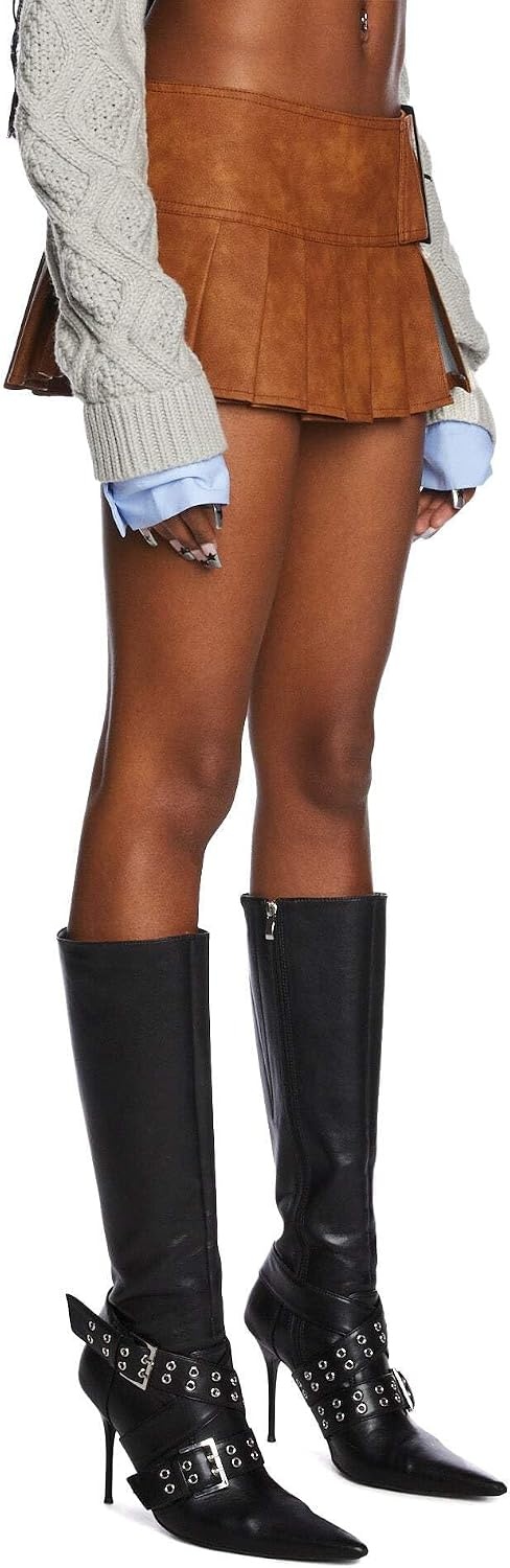 image:imageDolls Kill Viral Takeover Mini Skirt by Poster GRL Vegan Leather Pleated Skirt with Adjustable Buckle BeltCamel