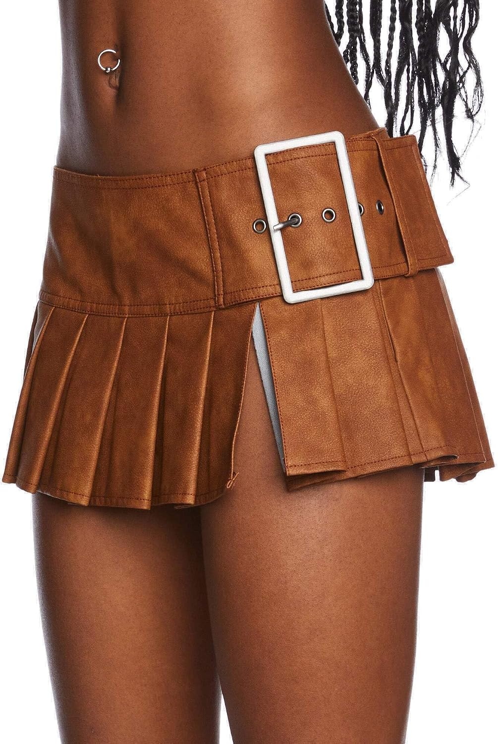 image:imageDolls Kill Viral Takeover Mini Skirt by Poster GRL Vegan Leather Pleated Skirt with Adjustable Buckle BeltCamel