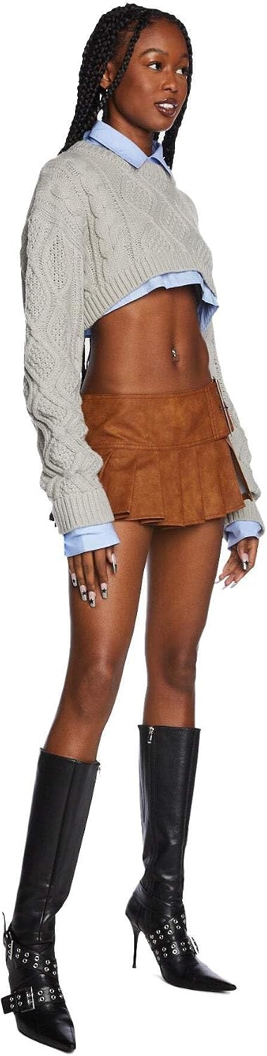 image:imageDolls Kill Viral Takeover Mini Skirt by Poster GRL Vegan Leather Pleated Skirt with Adjustable Buckle BeltCamel