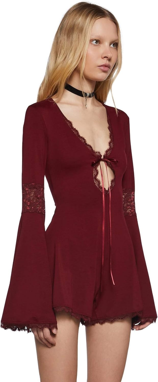 image:imageDolls Kill Whispering Wind Romper by Widow Mystical Knit Romper with Lace Trim Bell Sleeves Tie Front and Plunging NecklineRed