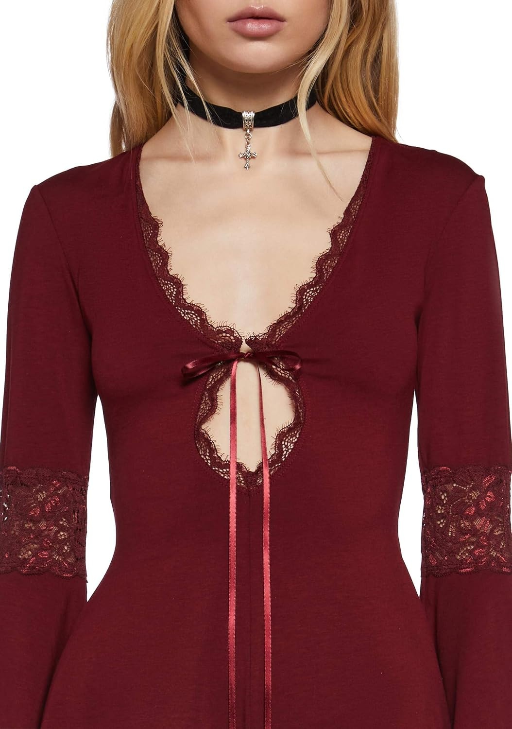 image:imageDolls Kill Whispering Wind Romper by Widow Mystical Knit Romper with Lace Trim Bell Sleeves Tie Front and Plunging NecklineRed