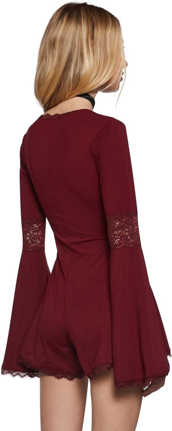 image:imageDolls Kill Whispering Wind Romper by Widow Mystical Knit Romper with Lace Trim Bell Sleeves Tie Front and Plunging NecklineRed