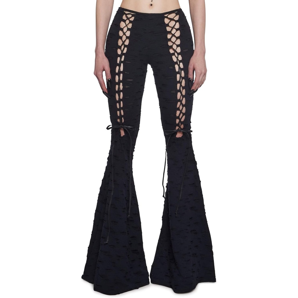 image:imageDolls Kill Beyond The Woods Flare Pants by Widow  Gothic Flare Pants with LaceUp Sides Shredded Details and Wide LegBlack
