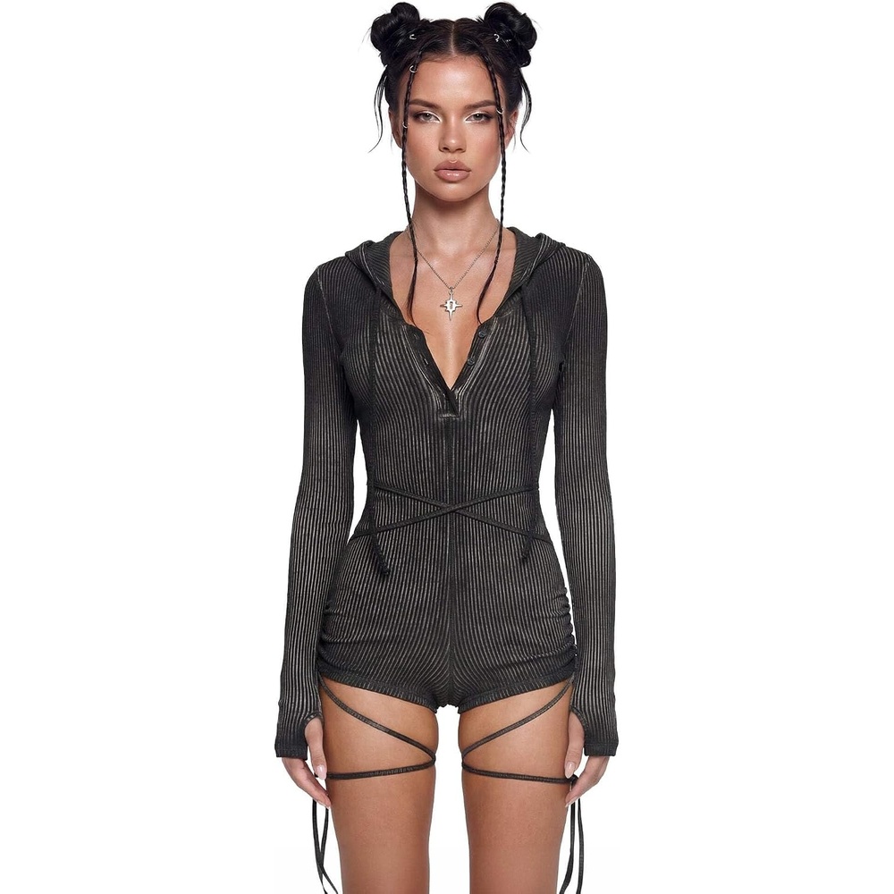 image:imageDolls Kill Crossfade Hooded Romper by DARKER WAVS  Ribbed Jersey ButtonUp Front and Ruched SidesBlack