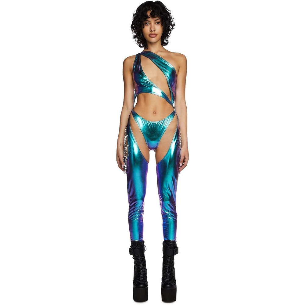 image:imageDolls Kill Prism Moonwalk CutOut Catsuit by Club Exx  Holographic Metallic Catsuit with Draped Chains amp Cheeky FitBlue