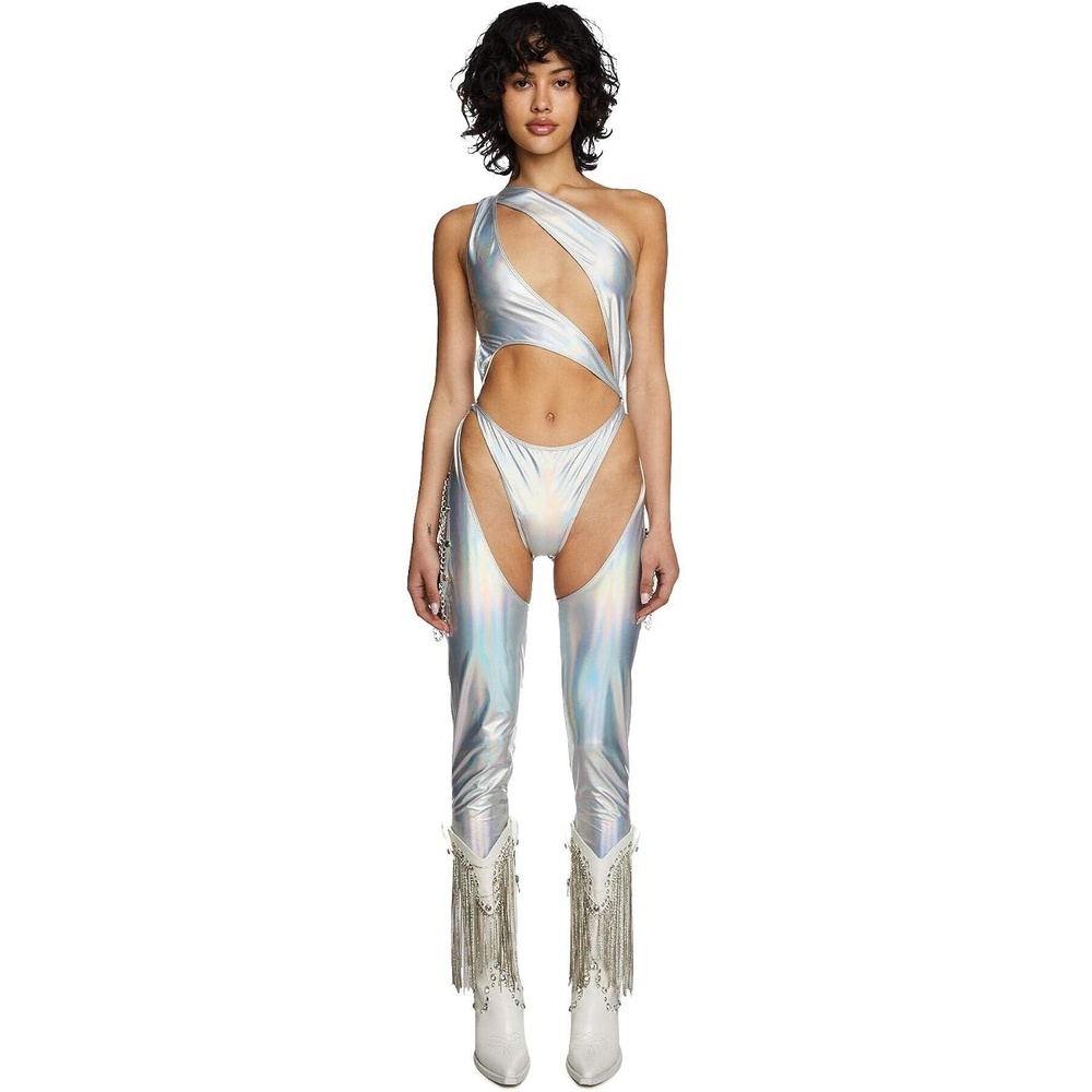 image:imageDolls Kill Prism Moonwalk CutOut Catsuit by Club Exx Holographic Metallic Catsuit with Draped Chains amp Cheeky FitSilver
