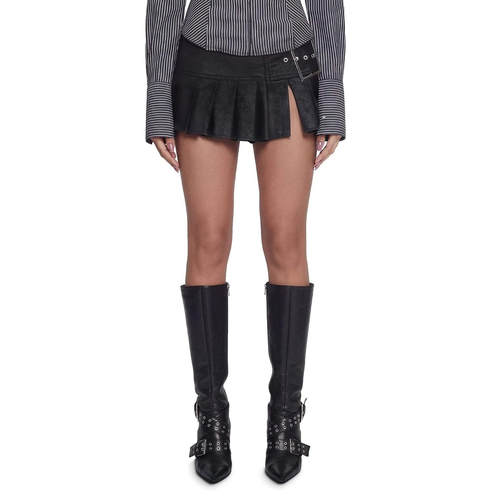 image:imageDolls Kill Viral Takeover Mini Skirt by Poster GRL  Vegan Leather Pleated Skirt with Adjustable Buckle BeltBlack
