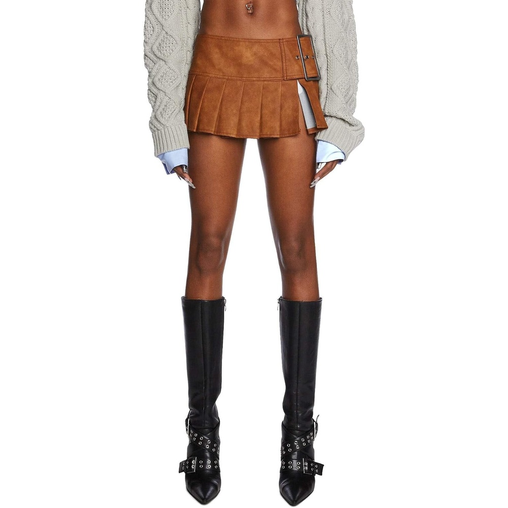 image:imageDolls Kill Viral Takeover Mini Skirt by Poster GRL Vegan Leather Pleated Skirt with Adjustable Buckle BeltCamel