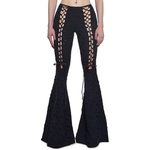 Dolls Kill Beyond The Woods Flare Pants by Widow | Gothic Flare Pants with Lace-Up Sides, Shredded Details, and Wide Leg(Black)