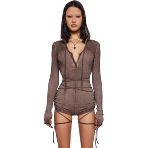 Dolls Kill Crossfade Hooded Romper by DARKER WAVS – Ribbed Jersey, Button-Up Front, and Ruched Sides(Brown)