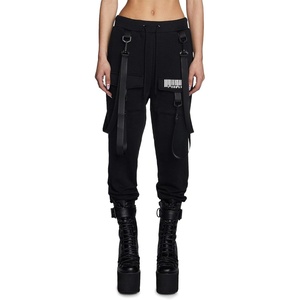 Dolls Kill Digital Blaze Cargo Joggers by Club Exx – Reflective Barcode Graphics, Detachable Suspenders & Elastic Waist(Black)