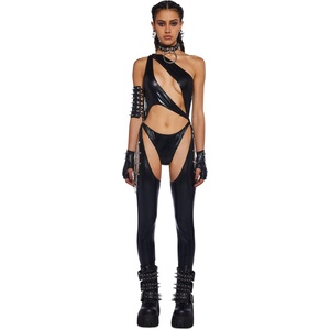 Dolls Kill Prism Moonwalk Cut-Out Catsuit by Club Exx – Holographic Metallic Catsuit with Draped Chains & Cheeky Fit(Black)