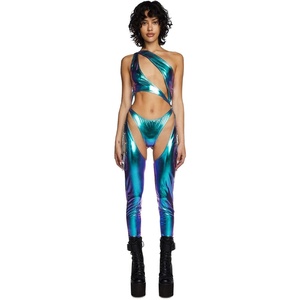 Dolls Kill Prism Moonwalk Cut-Out Catsuit by Club Exx – Holographic Metallic Catsuit with Draped Chains & Cheeky Fit(Blue)