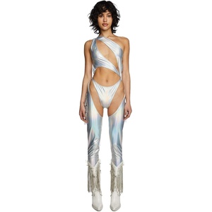 Dolls Kill Prism Moonwalk Cut-Out Catsuit by Club Exx – Holographic Metallic Catsuit with Draped Chains & Cheeky Fit(Silver)