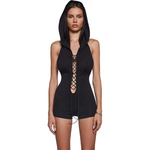 Dolls Kill Tie Me Up Tie Me Down Playsuit by Club Exx – Hooded Lace-Up Bodycon Romper(Black)