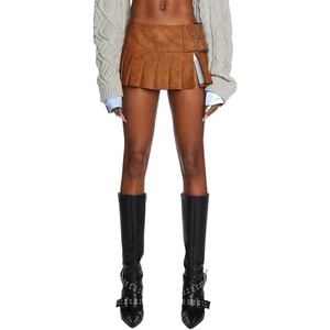 Dolls Kill Viral Takeover Mini Skirt by Poster GRL – Vegan Leather Pleated Skirt with Adjustable Buckle Belt(Camel)