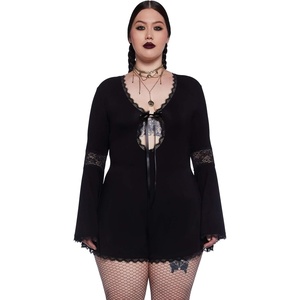 Dolls Kill Whispering Wind Romper by Widow – Stretchy Knit Romper with Lace Detailing and Bell Sleeves for Mystical Fashion(Black)