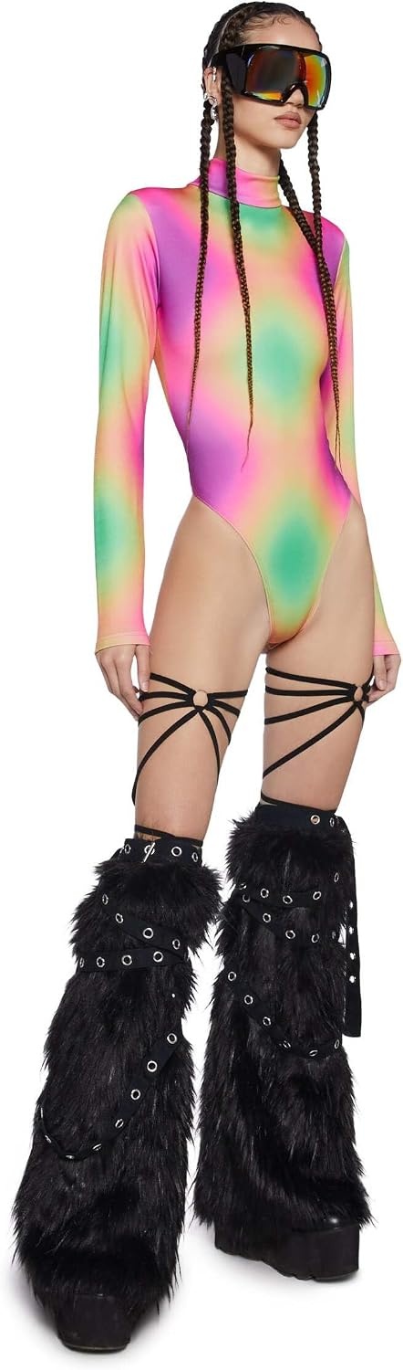 image:imageDolls Kill Acid Tripping Long Sleeve Bodysuit by Club Exx Ombre Rainbow Mock Neck Bodysuit with Shoulder Pads amp Back ZipperMulti