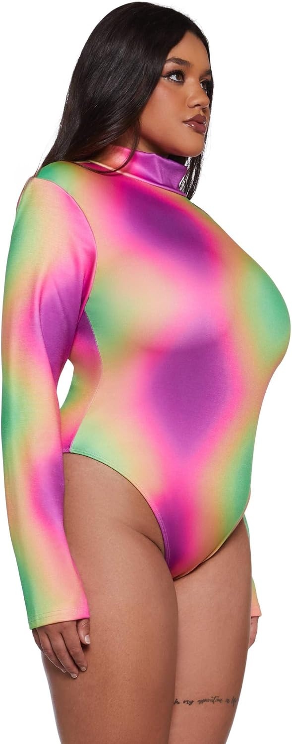 image:imageDolls Kill Acid Tripping Long Sleeve Bodysuit by Club Exx Ombre Rainbow Mock Neck Bodysuit with Shoulder Pads amp Back ZipperMulti