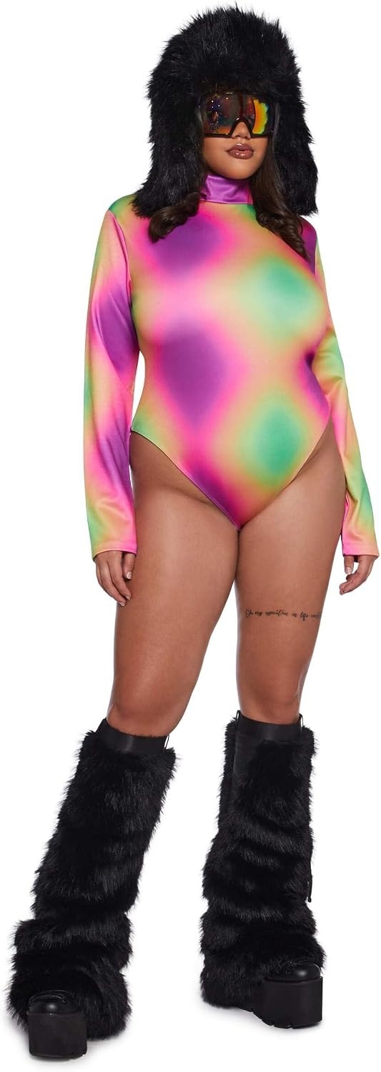 image:imageDolls Kill Acid Tripping Long Sleeve Bodysuit by Club Exx Ombre Rainbow Mock Neck Bodysuit with Shoulder Pads amp Back ZipperMulti
