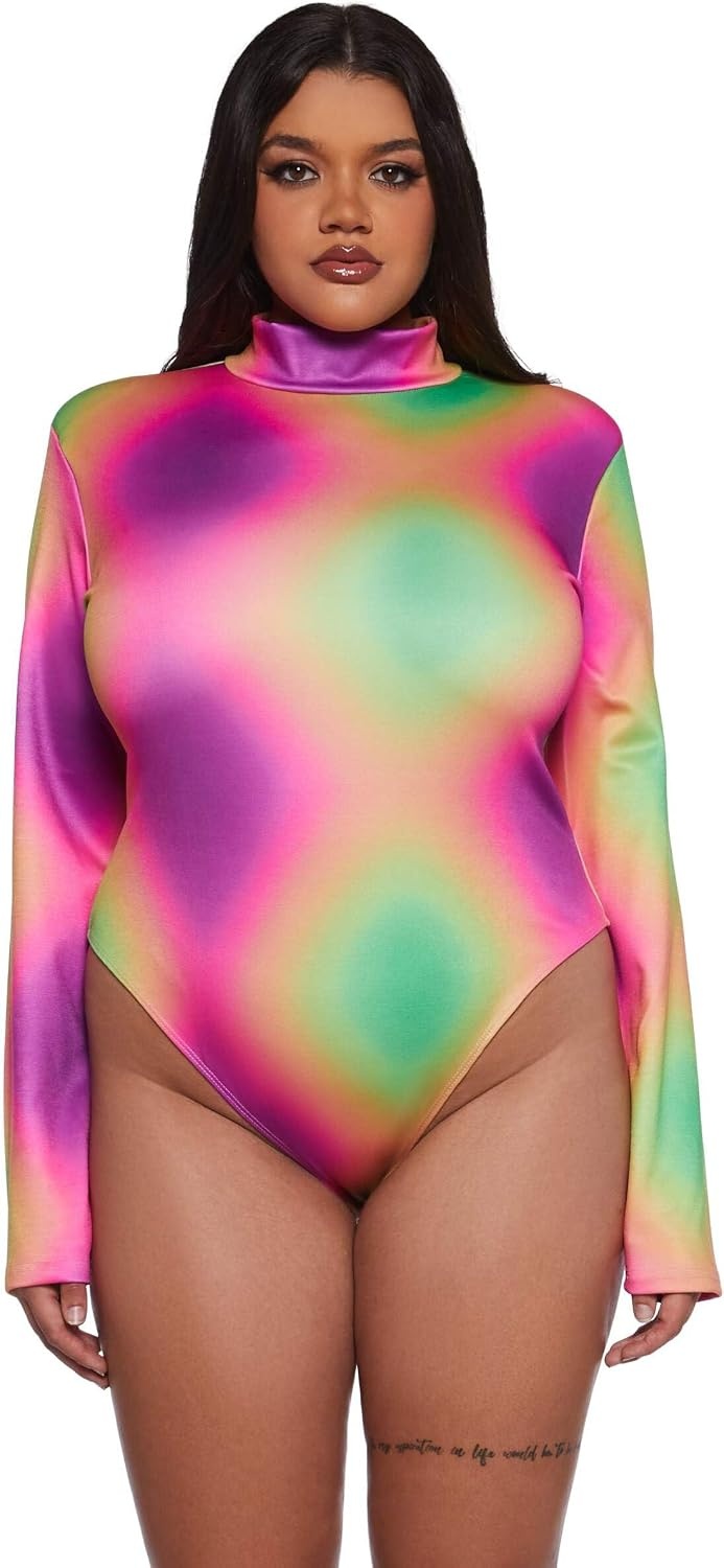 image:imageDolls Kill Acid Tripping Long Sleeve Bodysuit by Club Exx Ombre Rainbow Mock Neck Bodysuit with Shoulder Pads amp Back ZipperMulti