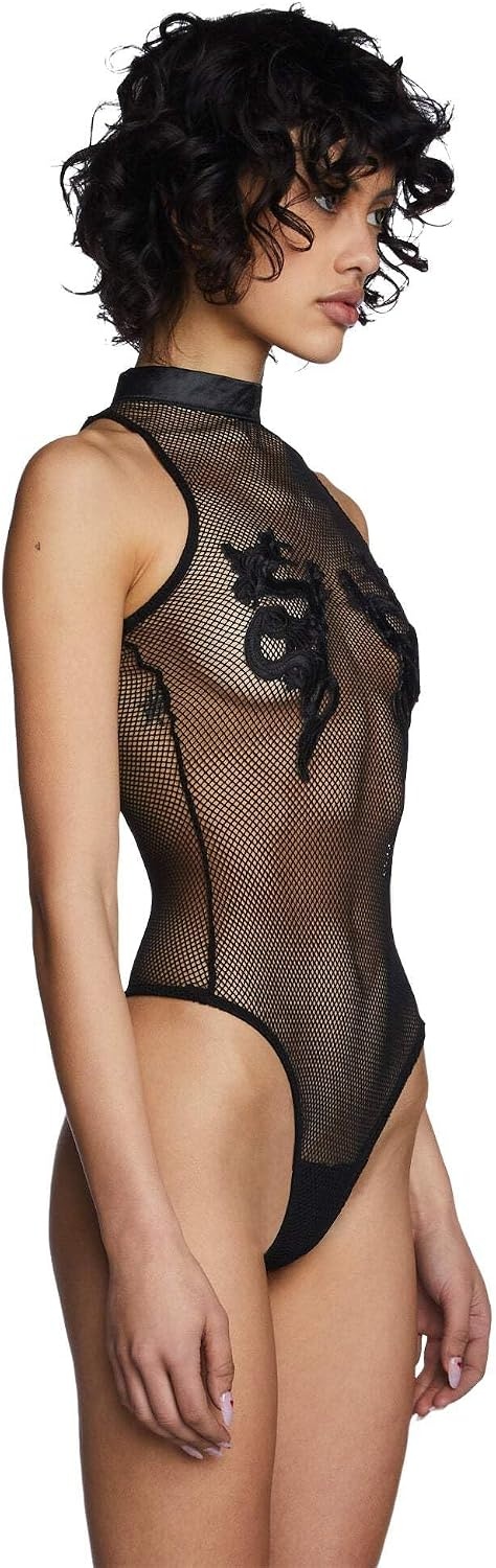 image:imageDolls Kill Bad Luck Dragon Fishnet Bodysuit by Club Exx High Neck Bodysuit with Embroidered Dragon AccentsBlack