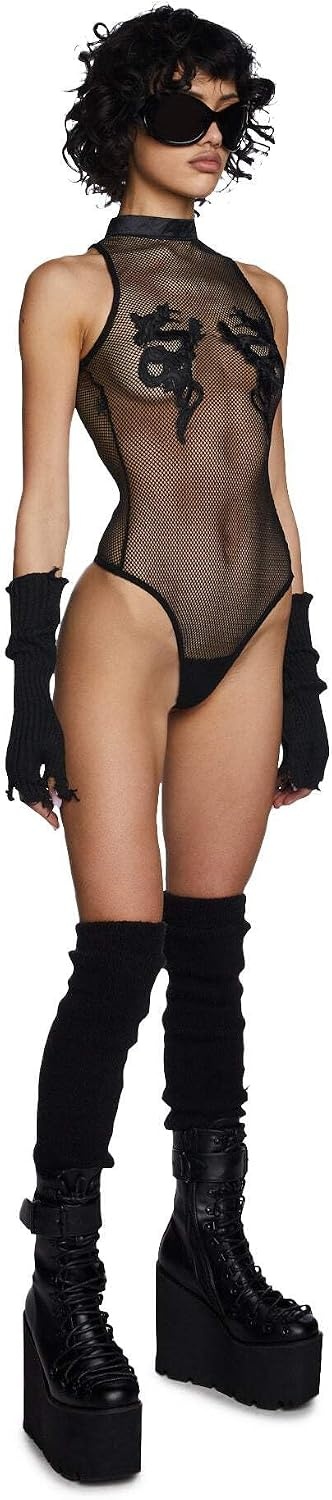 image:imageDolls Kill Bad Luck Dragon Fishnet Bodysuit by Club Exx High Neck Bodysuit with Embroidered Dragon AccentsBlack