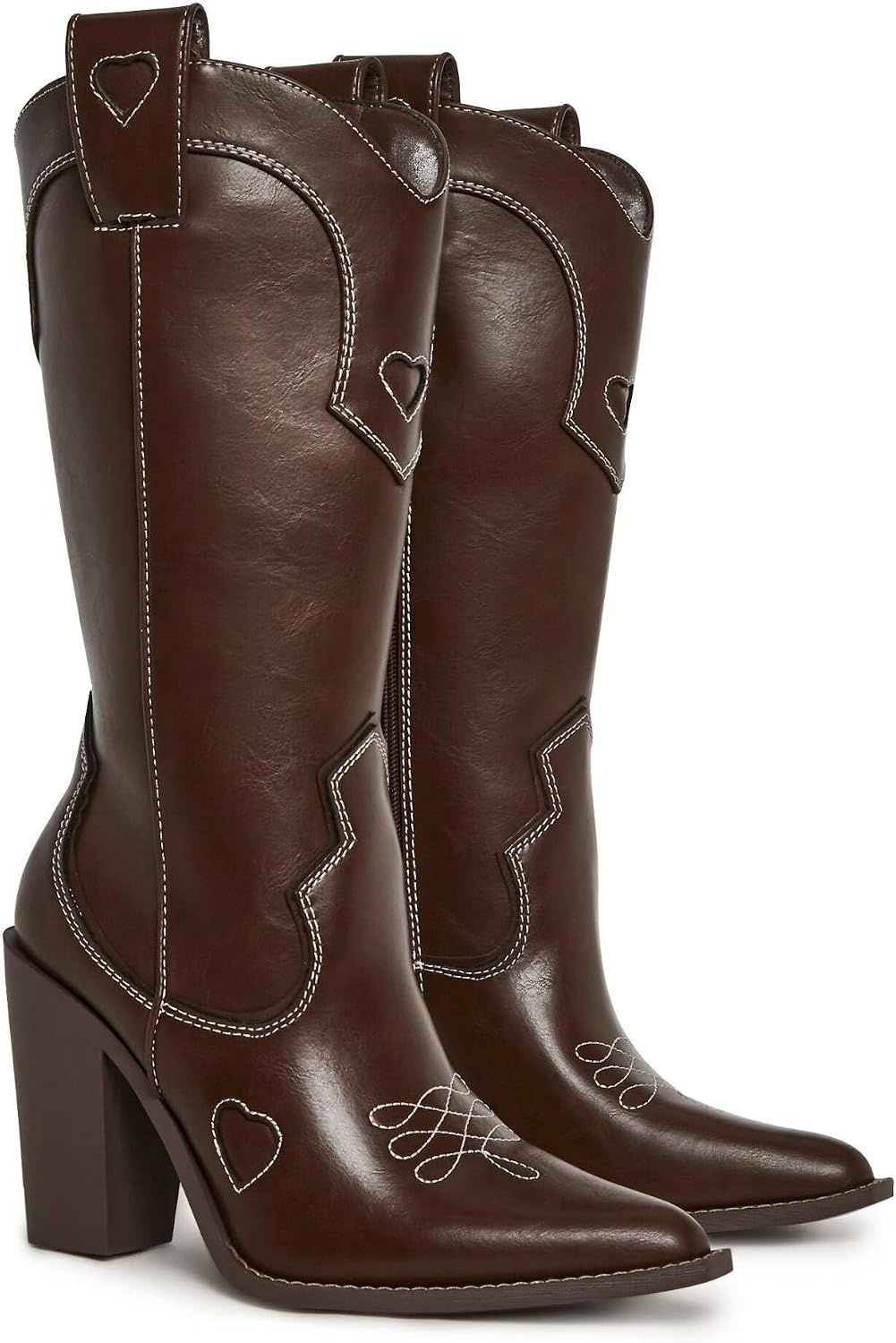 image:imageDolls Kill Basic Present Perfect Cowgirl Boot by Sugar Thrillz Womens MidCalf Western Heeled Boots with Heart StitchingDark Brown