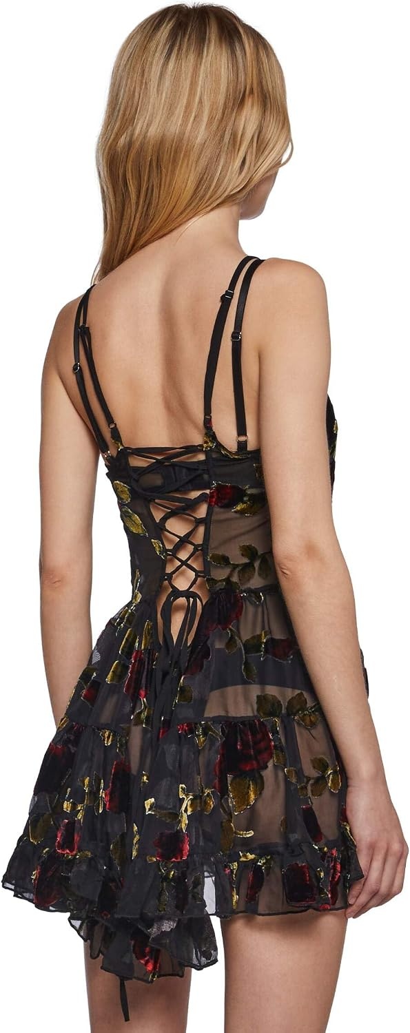image:imageDolls Kill Befallen Romance Mini Dress by Widow Sheer Mesh Mini Dress with Velvet Rose Detail amp LaceUp BackBlack