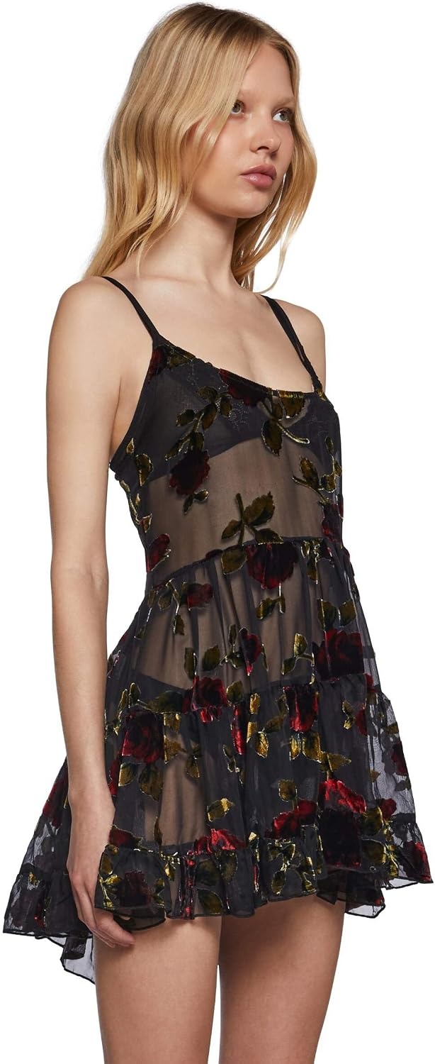 image:imageDolls Kill Befallen Romance Mini Dress by Widow Sheer Mesh Mini Dress with Velvet Rose Detail amp LaceUp BackBlack