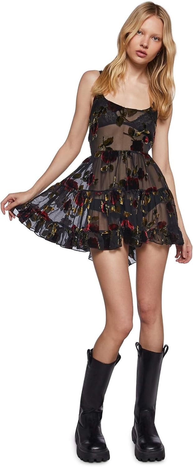 image:imageDolls Kill Befallen Romance Mini Dress by Widow Sheer Mesh Mini Dress with Velvet Rose Detail amp LaceUp BackBlack