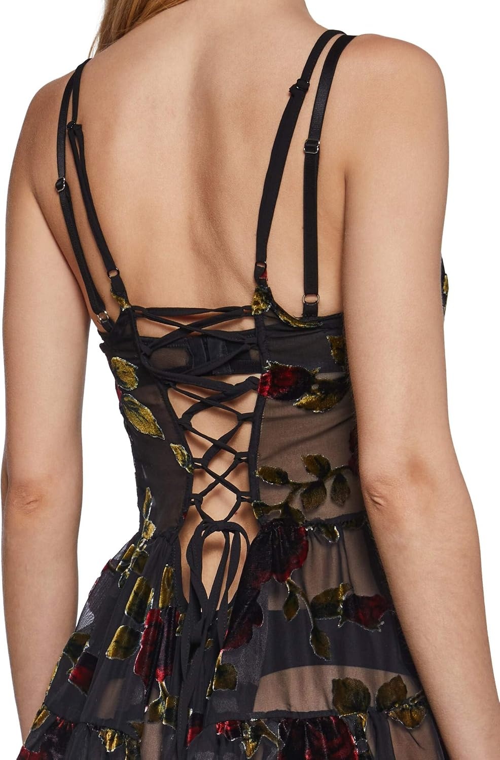 image:imageDolls Kill Befallen Romance Mini Dress by Widow Sheer Mesh Mini Dress with Velvet Rose Detail amp LaceUp BackBlack