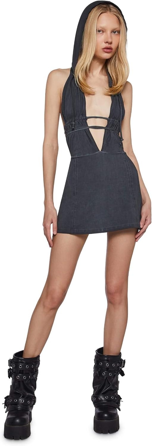 image:imageDolls Kill Chord Backless Hooded Dress by Darker WAVS Edgy OpenBack Mini Dress with Adjustable Ties amp HoodBlack