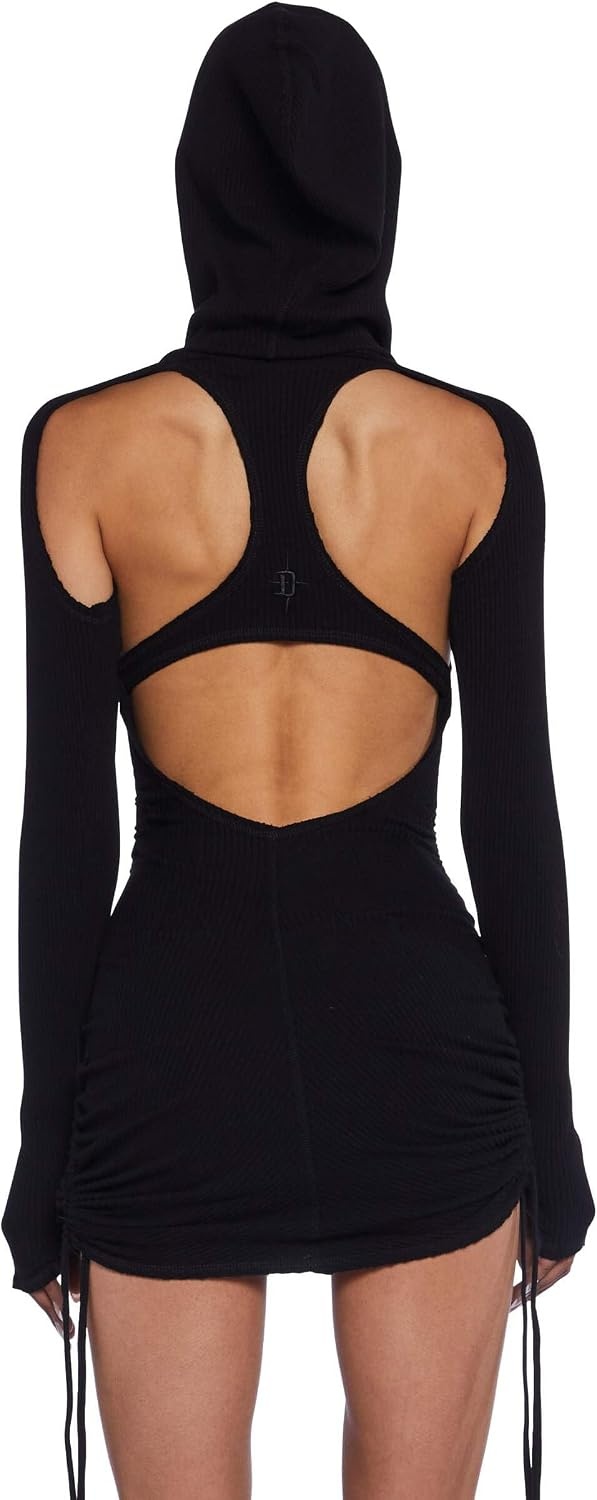 image:imageDolls Kill Compression Ruched Mini Dress by Darker WAVS Hooded Rib Knit Mini Dress with Racerback CutOut Ruching and Tie DetailsBlack