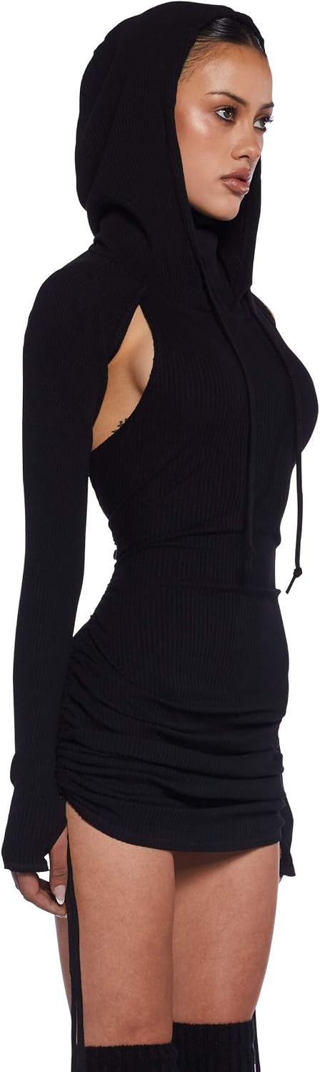 image:imageDolls Kill Compression Ruched Mini Dress by Darker WAVS Hooded Rib Knit Mini Dress with Racerback CutOut Ruching and Tie DetailsBlack