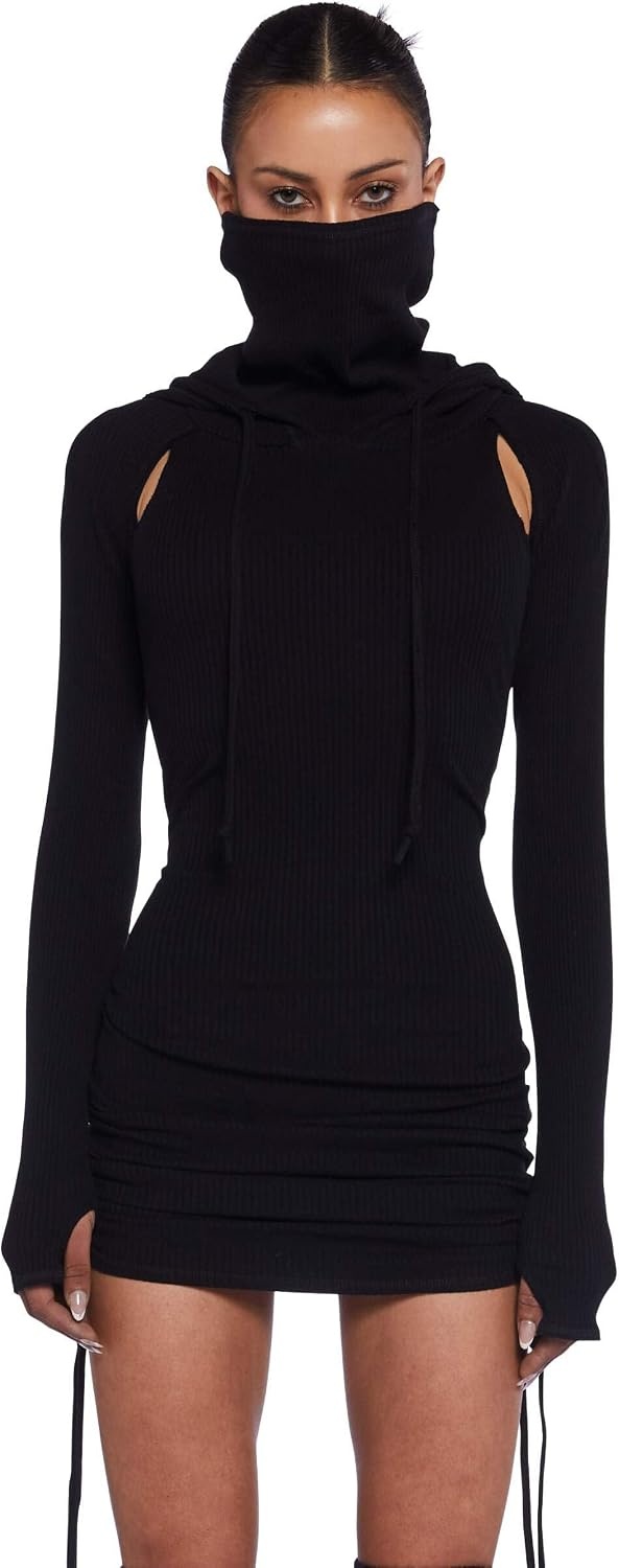 image:imageDolls Kill Compression Ruched Mini Dress by Darker WAVS Hooded Rib Knit Mini Dress with Racerback CutOut Ruching and Tie DetailsBlack