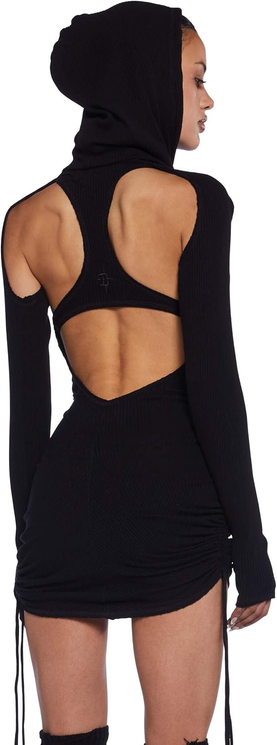 image:imageDolls Kill Compression Ruched Mini Dress by Darker WAVS Hooded Rib Knit Mini Dress with Racerback CutOut Ruching and Tie DetailsBlack