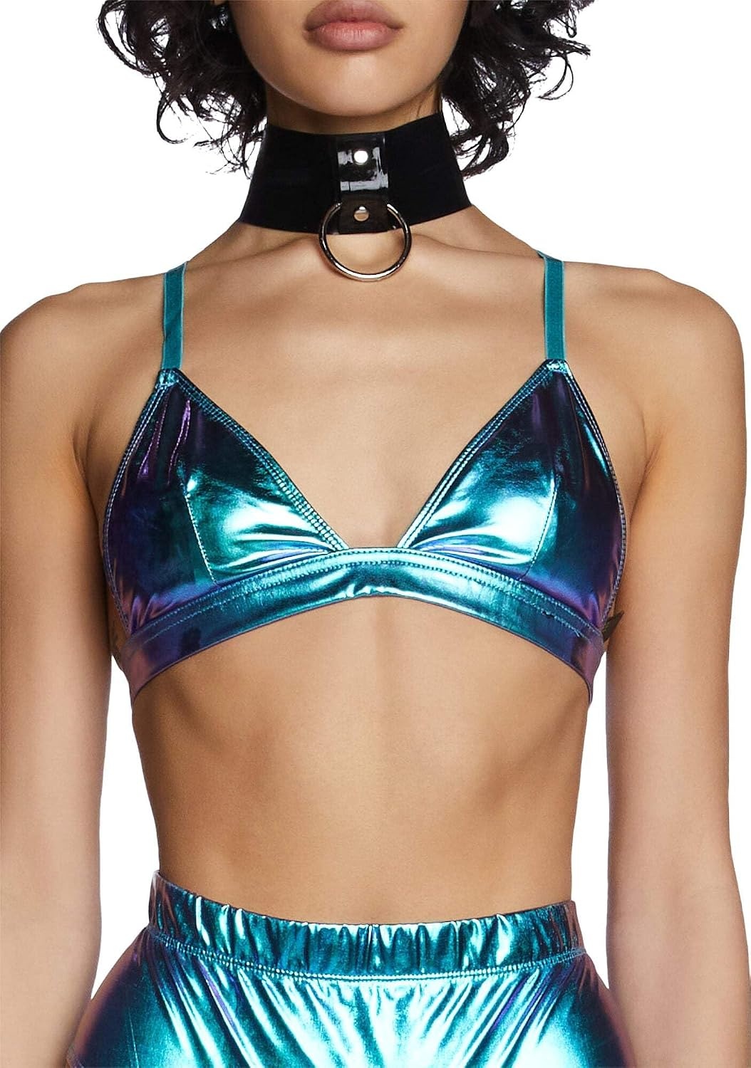 image:imageDolls Kill Cosmic Ace Metallic Bra Top by Club Exx Shiny Festival Triangle Top with Adjustable StrapsBlue